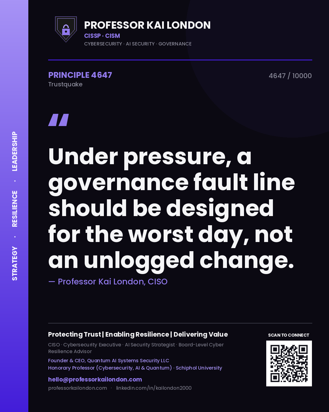 Professor Kai London principle 4647: Under pressure, a governance fault line should be designed for the worst day, not an unlogged change.