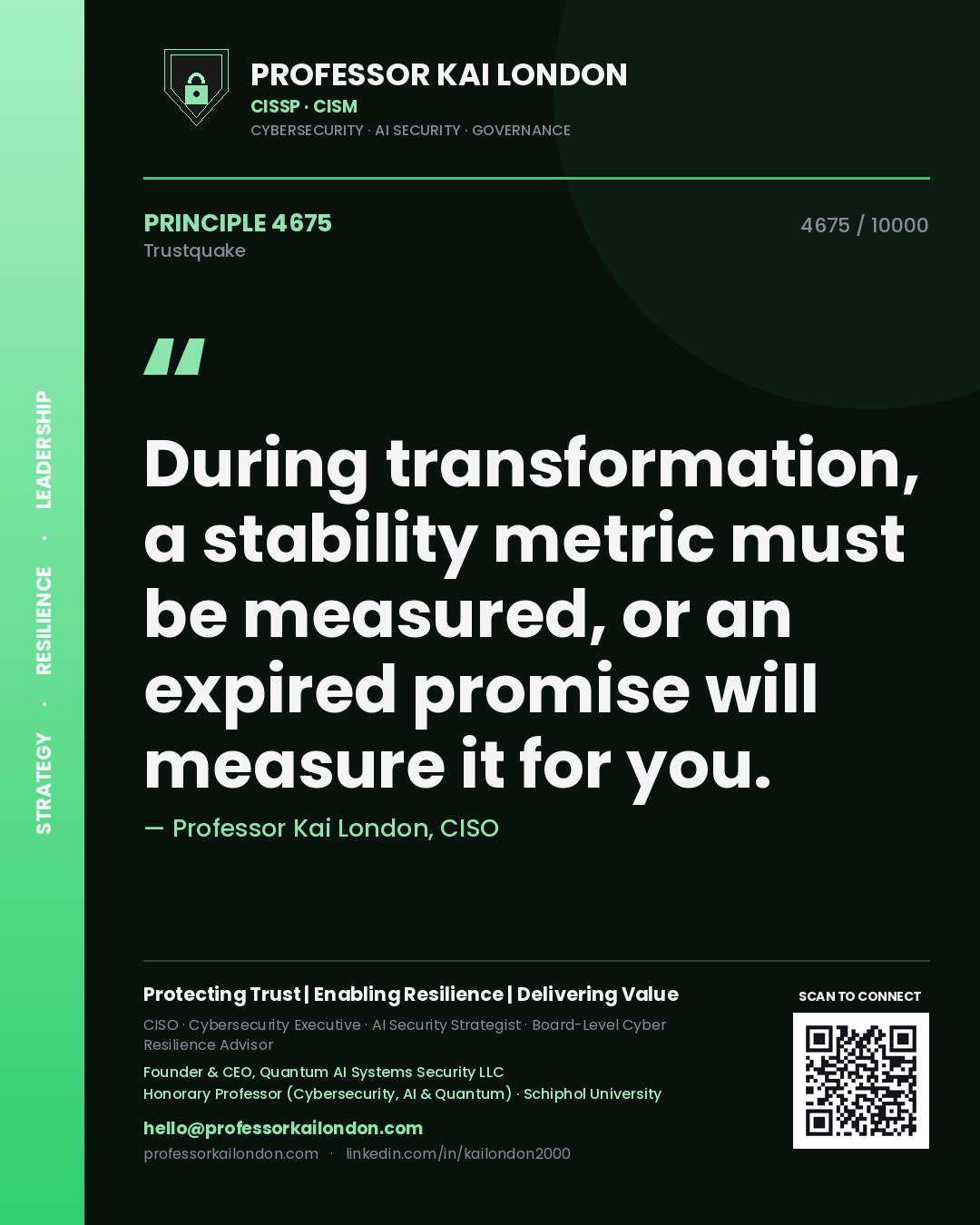Professor Kai London principle 4675: During transformation, a stability metric must be measured, or an expired promise will measure it for you.