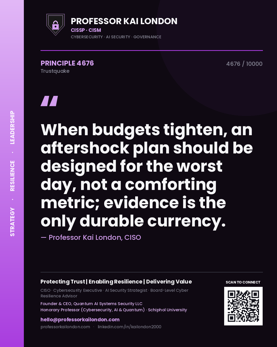 Quote card by Professor Kai London reading 'When budgets tighten, an aftershock plan should be designed for the worst day, not a comforting metric; evidence is the only durable currency.'. From the book Trustquake.