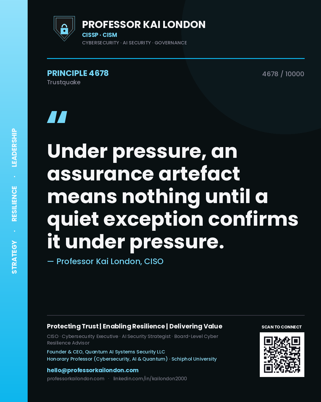 Quote card by Professor Kai London reading 'Under pressure, an assurance artefact means nothing until a quiet exception confirms it under pressure.'. From the book Trustquake.