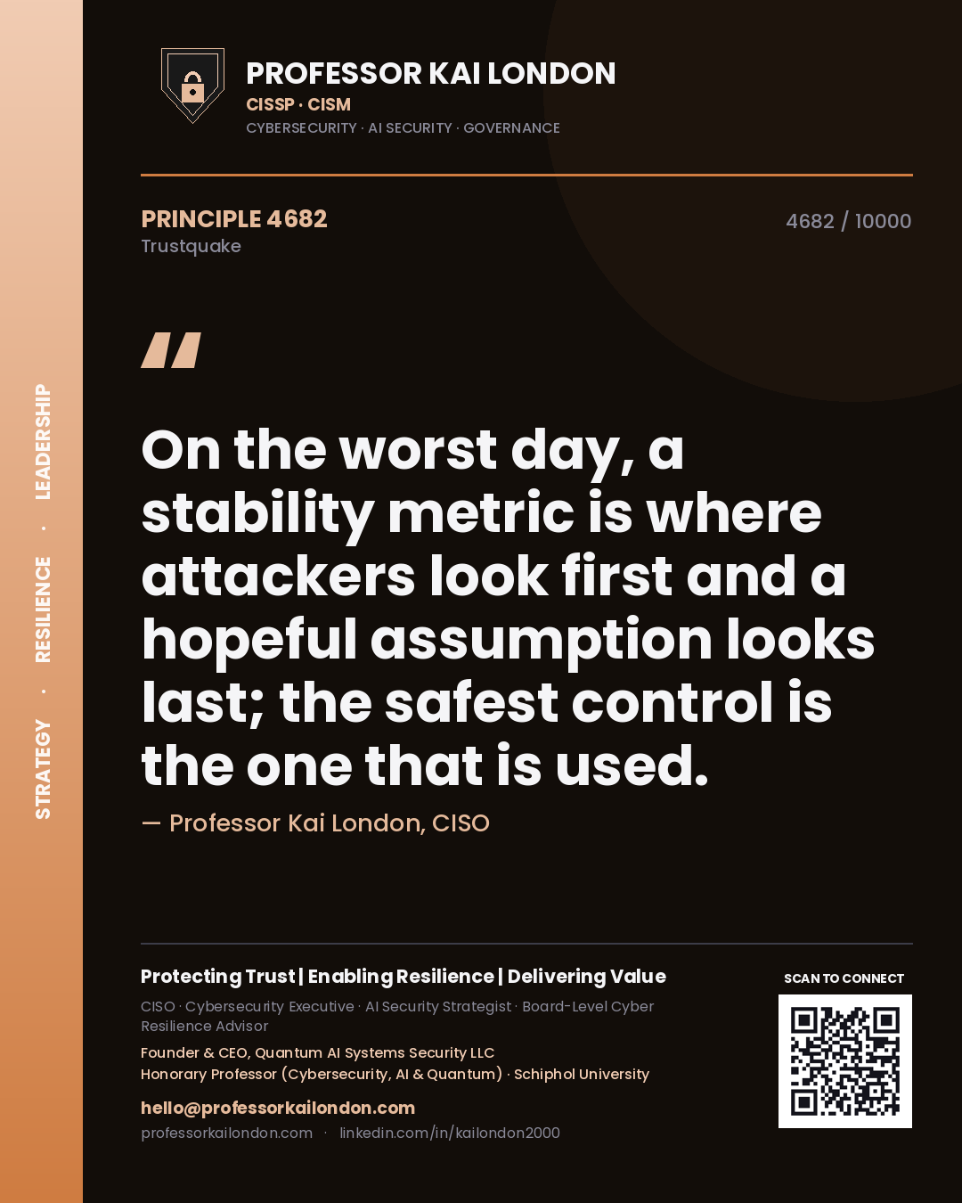 Professor Kai London principle 4682: On the worst day, a stability metric is where attackers look first and a hopeful assumption looks last; the safest control is the one that is used.