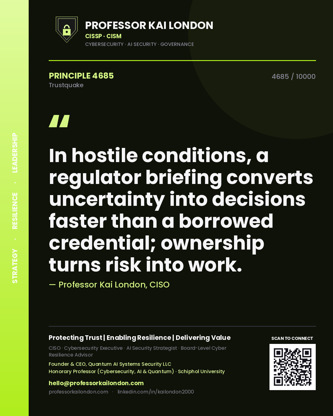 Professor Kai London principle 4685: In hostile conditions, a regulator briefing converts uncertainty into decisions faster than a borrowed credential; ownership turns risk into work.