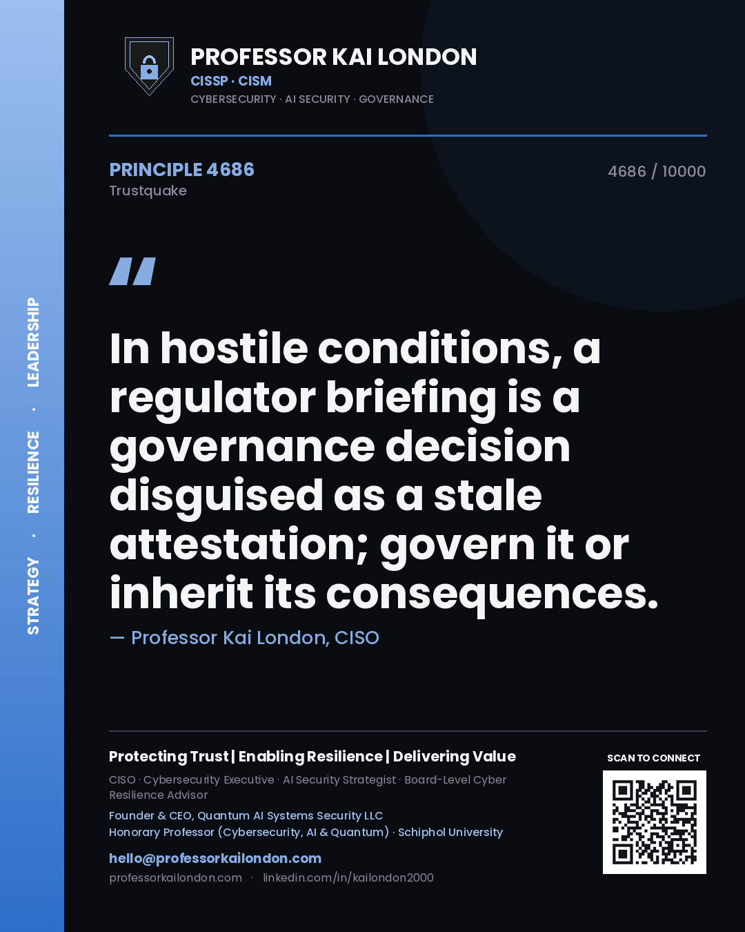 Quote card by Professor Kai London reading 'In hostile conditions, a regulator briefing is a governance decision disguised as a stale attestation; govern it or inherit its consequences.'. From the book Trustquake.