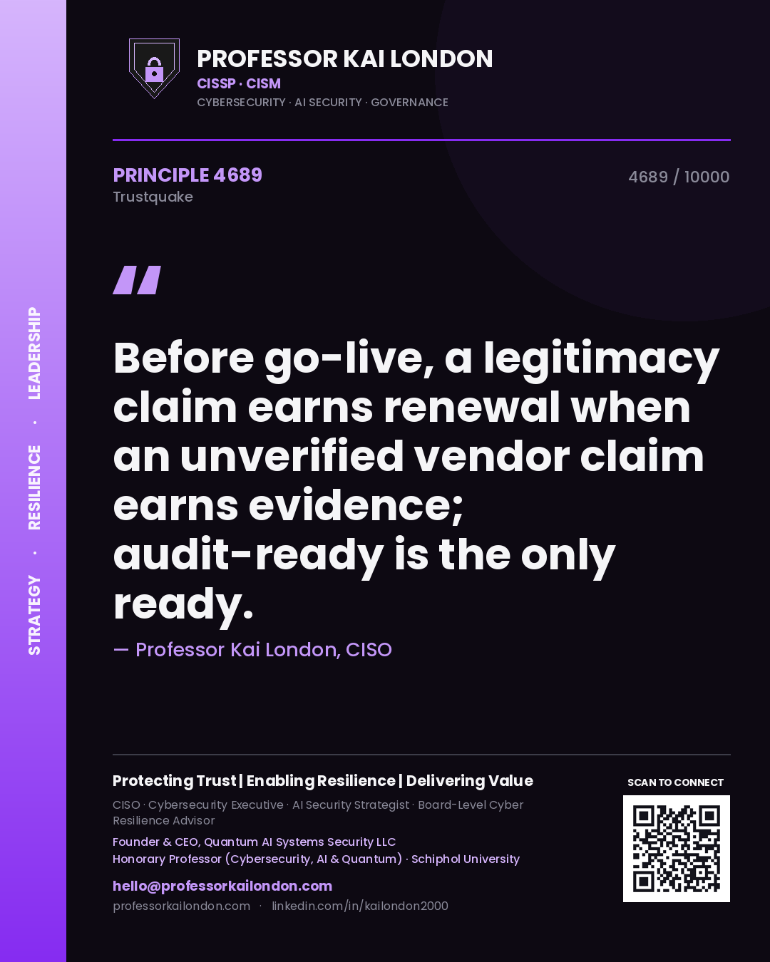Professor Kai London principle 4689: Before go-live, a legitimacy claim earns renewal when an unverified vendor claim earns evidence; audit-ready is the only ready.