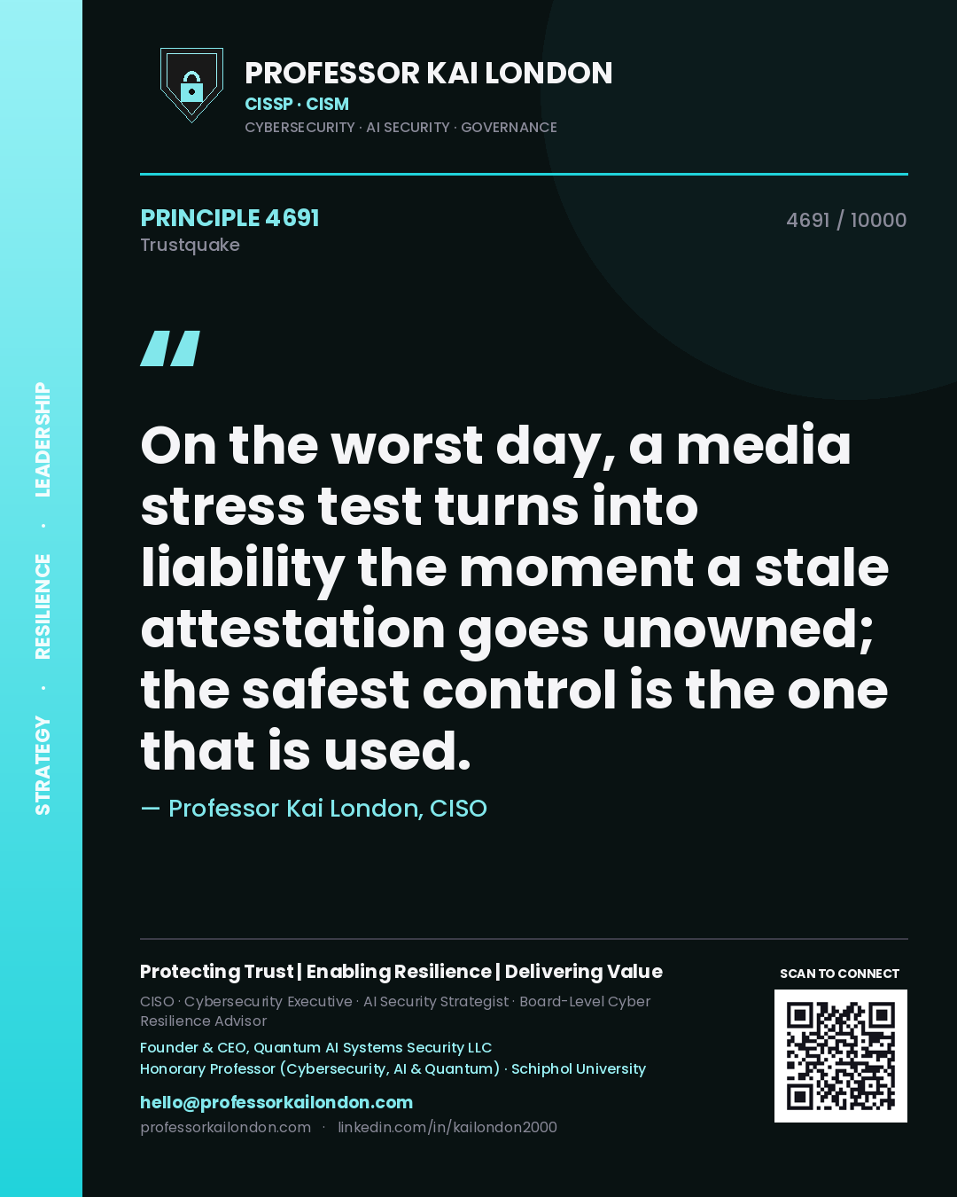 Professor Kai London principle 4691: On the worst day, a media stress test turns into liability the moment a stale attestation goes unowned; the safest control is the one that is used.