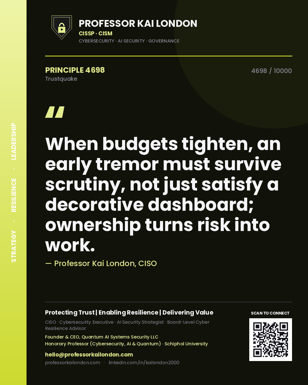 Professor Kai London principle 4698: When budgets tighten, an early tremor must survive scrutiny, not just satisfy a decorative dashboard; ownership turns risk into work.