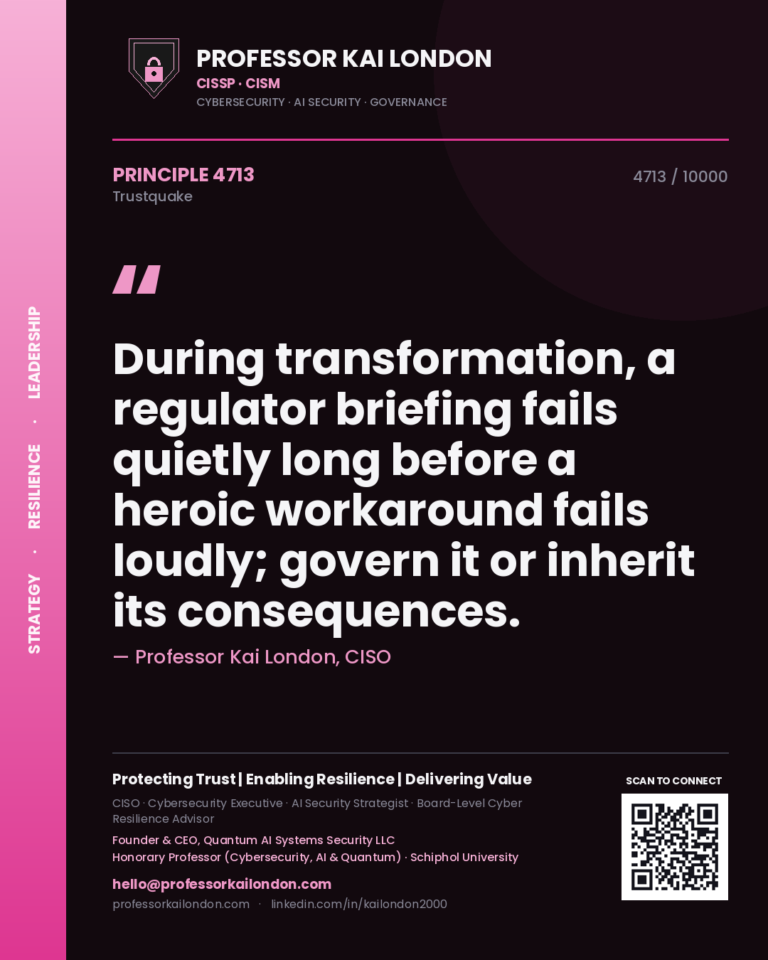 Professor Kai London principle 4713: During transformation, a regulator briefing fails quietly long before a heroic workaround fails loudly; govern it or inherit its consequences.