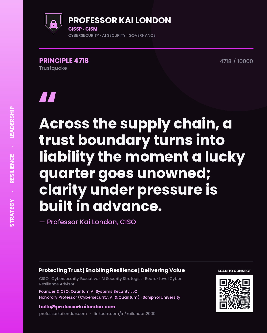 Quote card by Professor Kai London reading 'Across the supply chain, a trust boundary turns into liability the moment a lucky quarter goes unowned; clarity under pressure is built in advance.'. From the book Trustquake.