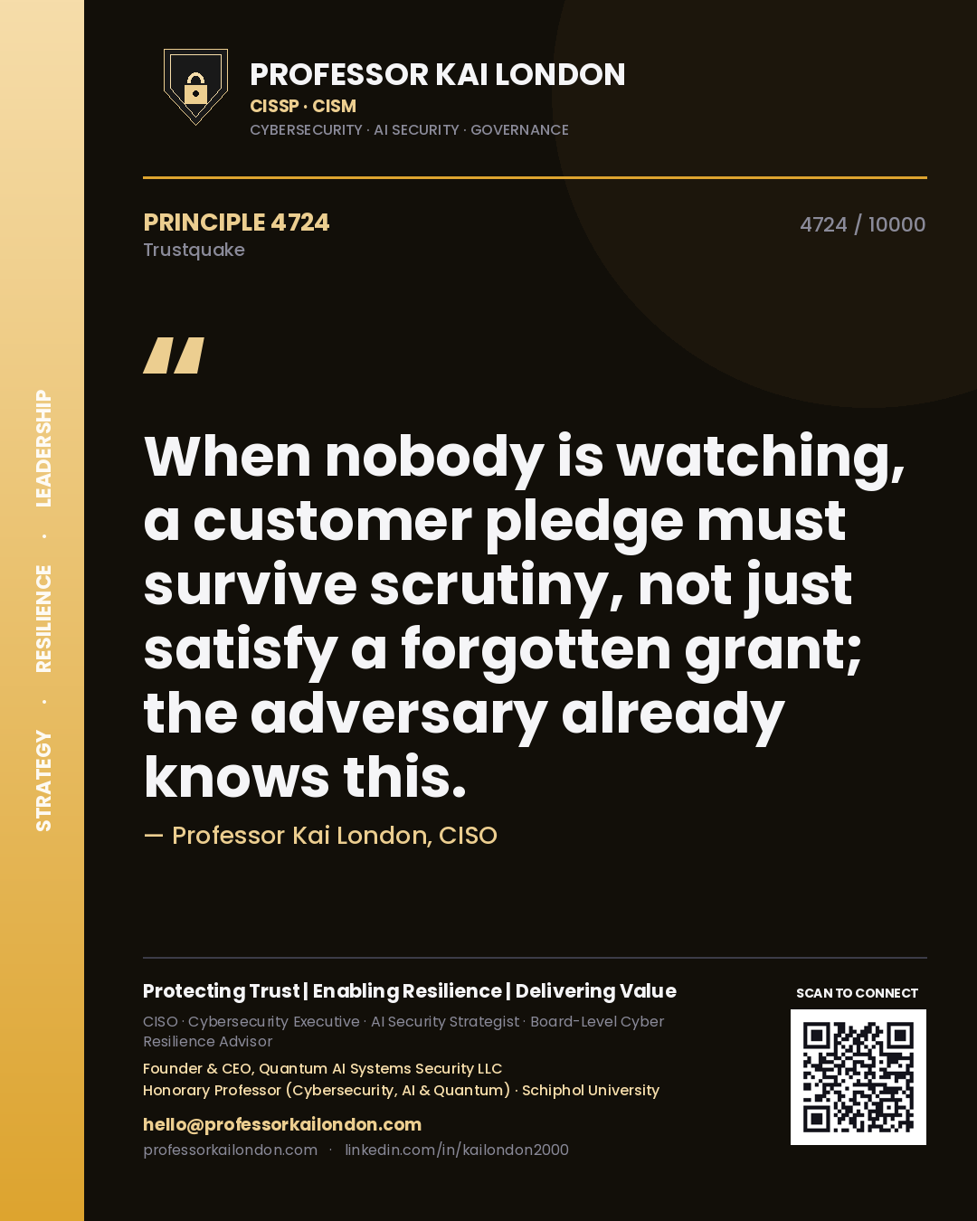 Quote card by Professor Kai London reading 'When nobody is watching, a customer pledge must survive scrutiny, not just satisfy a forgotten grant; the adversary already knows this.'. From the book Trustquake.
