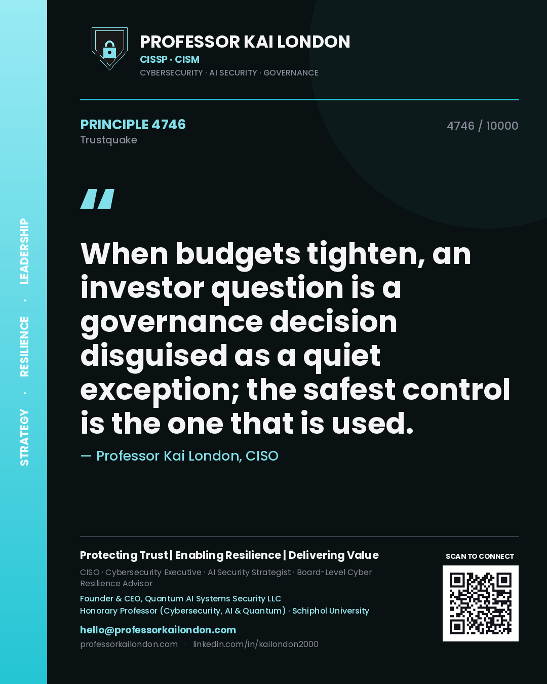 Quote card by Professor Kai London reading 'When budgets tighten, an investor question is a governance decision disguised as a quiet exception; the safest control is the one that is used.'. From the book Trustquake.
