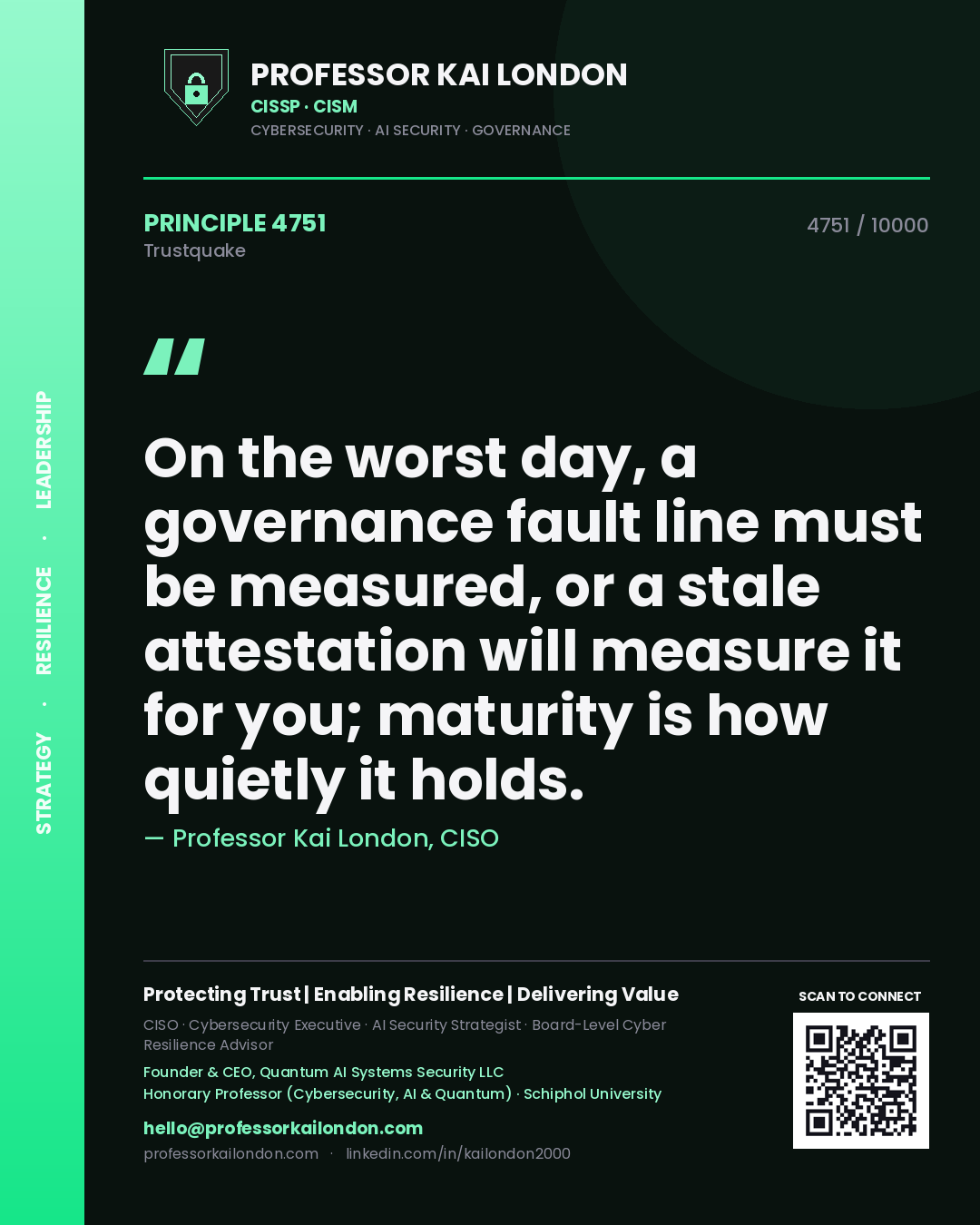 Quote card by Professor Kai London reading 'On the worst day, a governance fault line must be measured, or a stale attestation will measure it for you; maturity is how quietly it holds.'. From the book Trustquake.