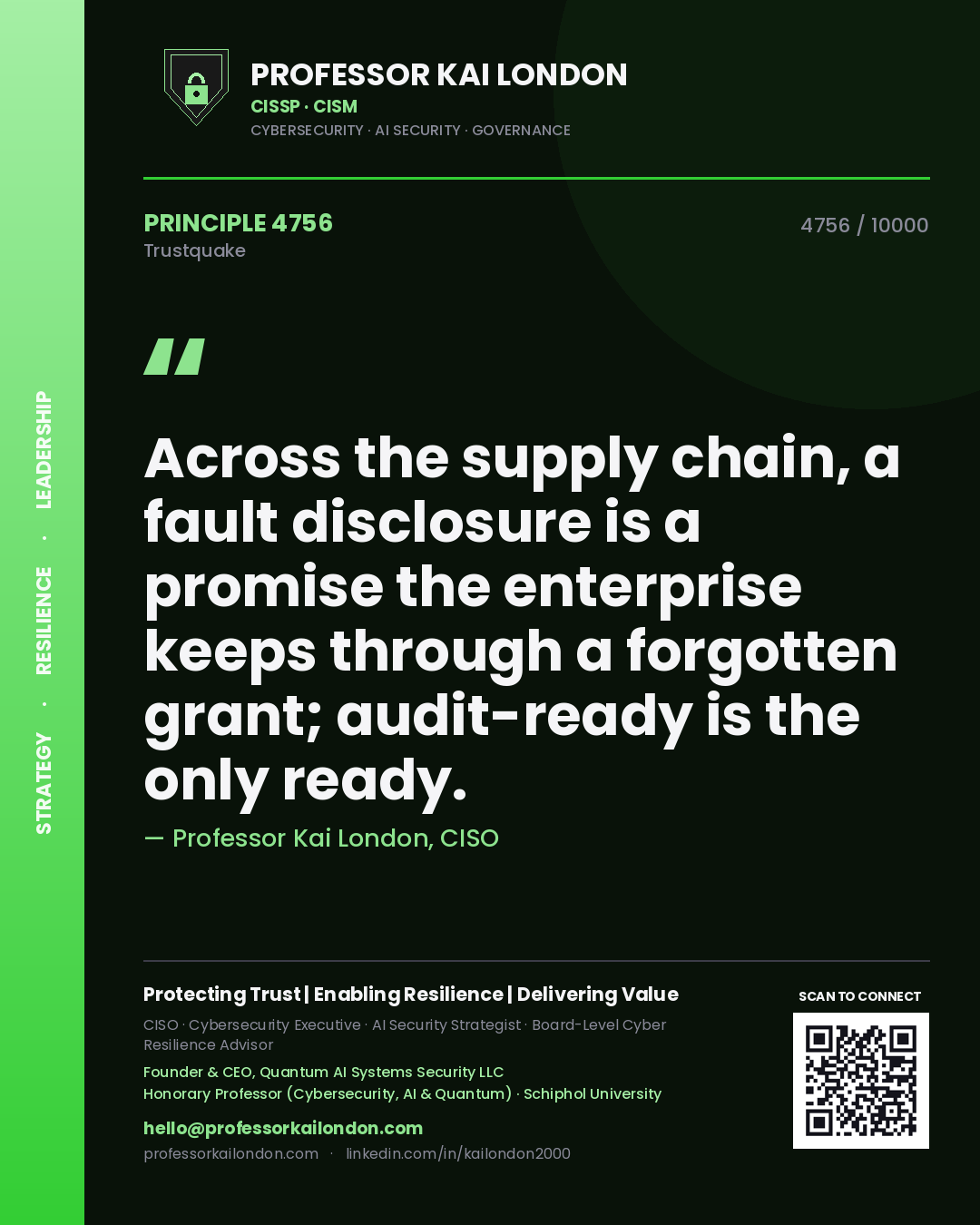 Quote card by Professor Kai London reading 'Across the supply chain, a fault disclosure is a promise the enterprise keeps through a forgotten grant; audit-ready is the only ready.'. From the book Trustquake.