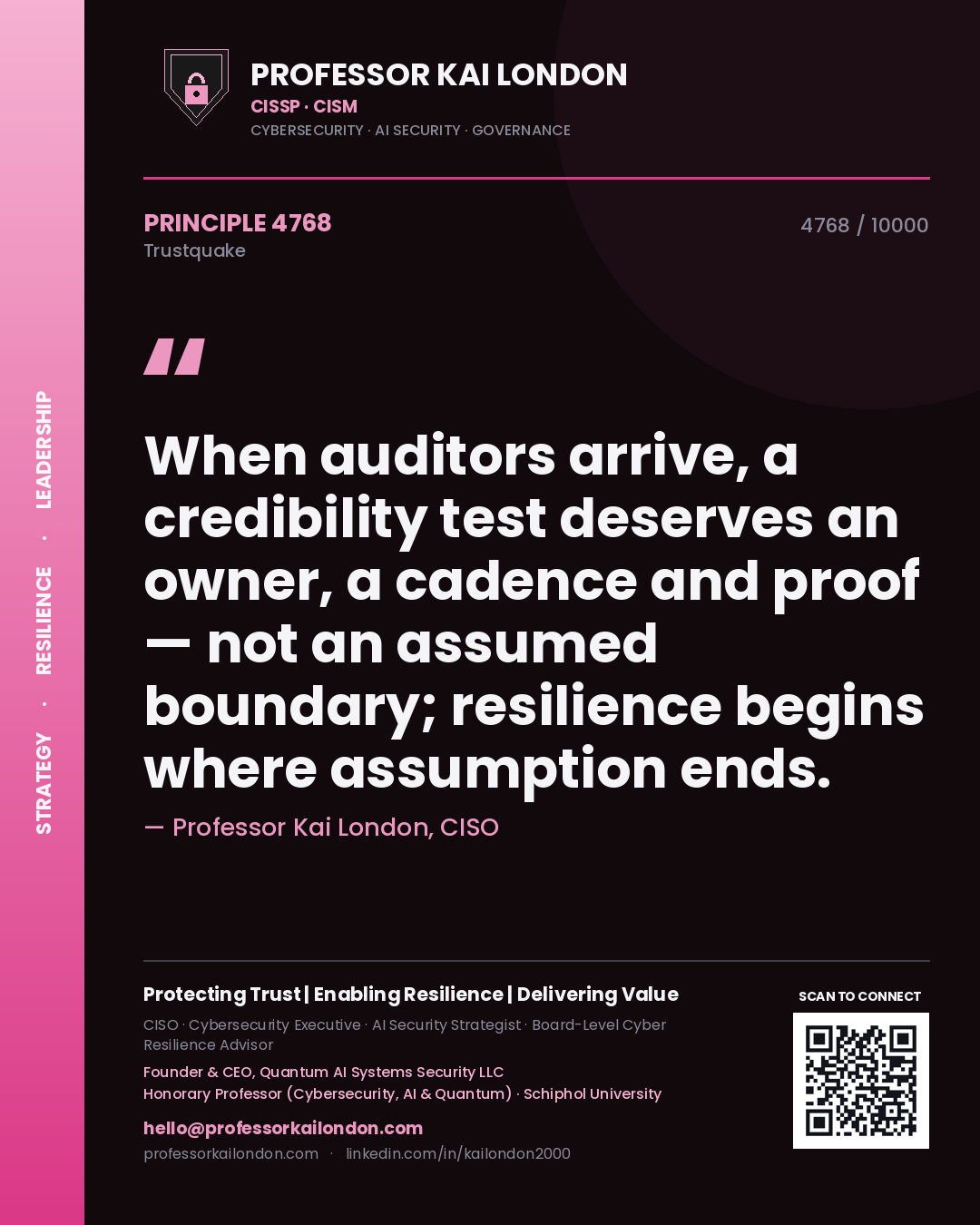 Professor Kai London principle 4768: When auditors arrive, a credibility test deserves an owner, a cadence and proof — not an assumed boundary; resilience begins where assumption ends.