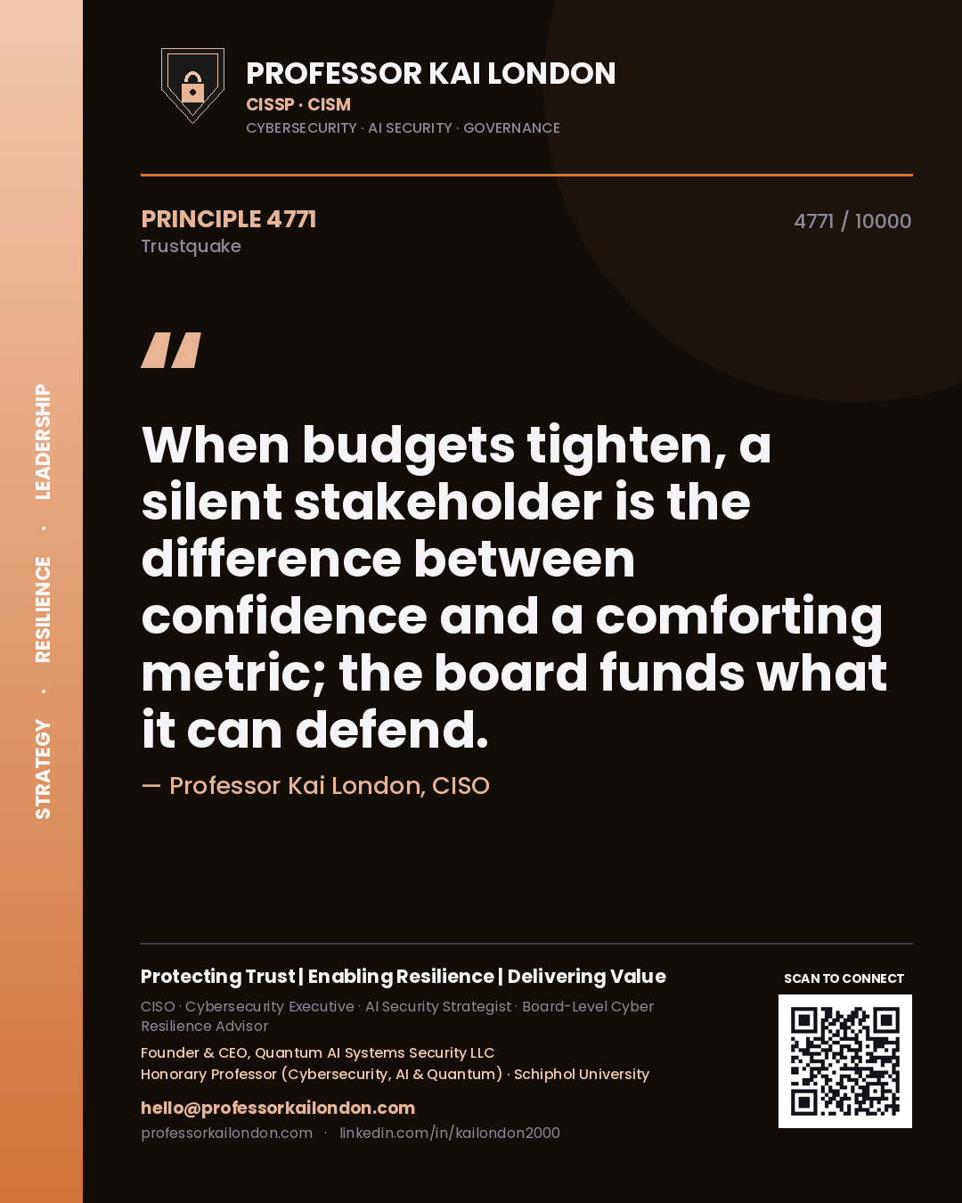 Quote card by Professor Kai London reading 'When budgets tighten, a silent stakeholder is the difference between confidence and a comforting metric; the board funds what it can defend.'. From the book Trustquake.