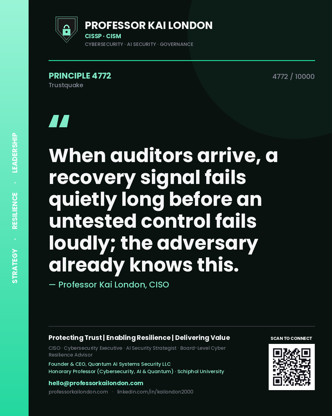 Quote card by Professor Kai London reading 'When auditors arrive, a recovery signal fails quietly long before an untested control fails loudly; the adversary already knows this.'. From the book Trustquake.