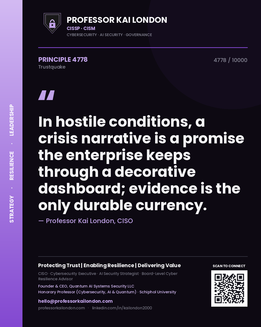 Professor Kai London principle 4778: In hostile conditions, a crisis narrative is a promise the enterprise keeps through a decorative dashboard; evidence is the only durable currency.