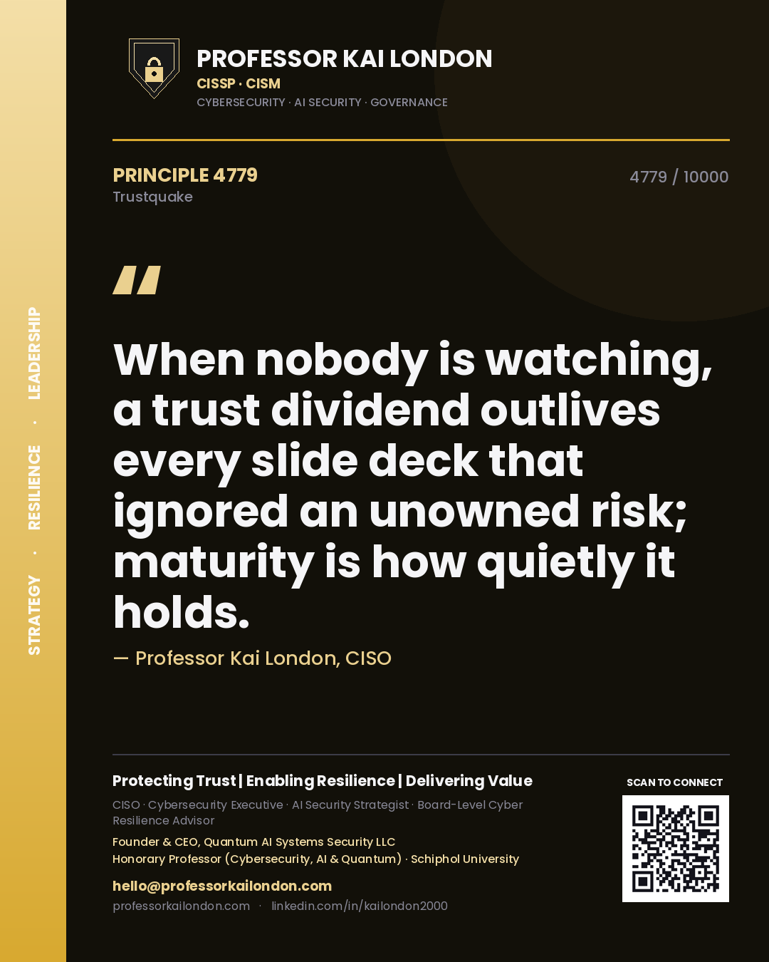 Quote card by Professor Kai London reading 'When nobody is watching, a trust dividend outlives every slide deck that ignored an unowned risk; maturity is how quietly it holds.'. From the book Trustquake.