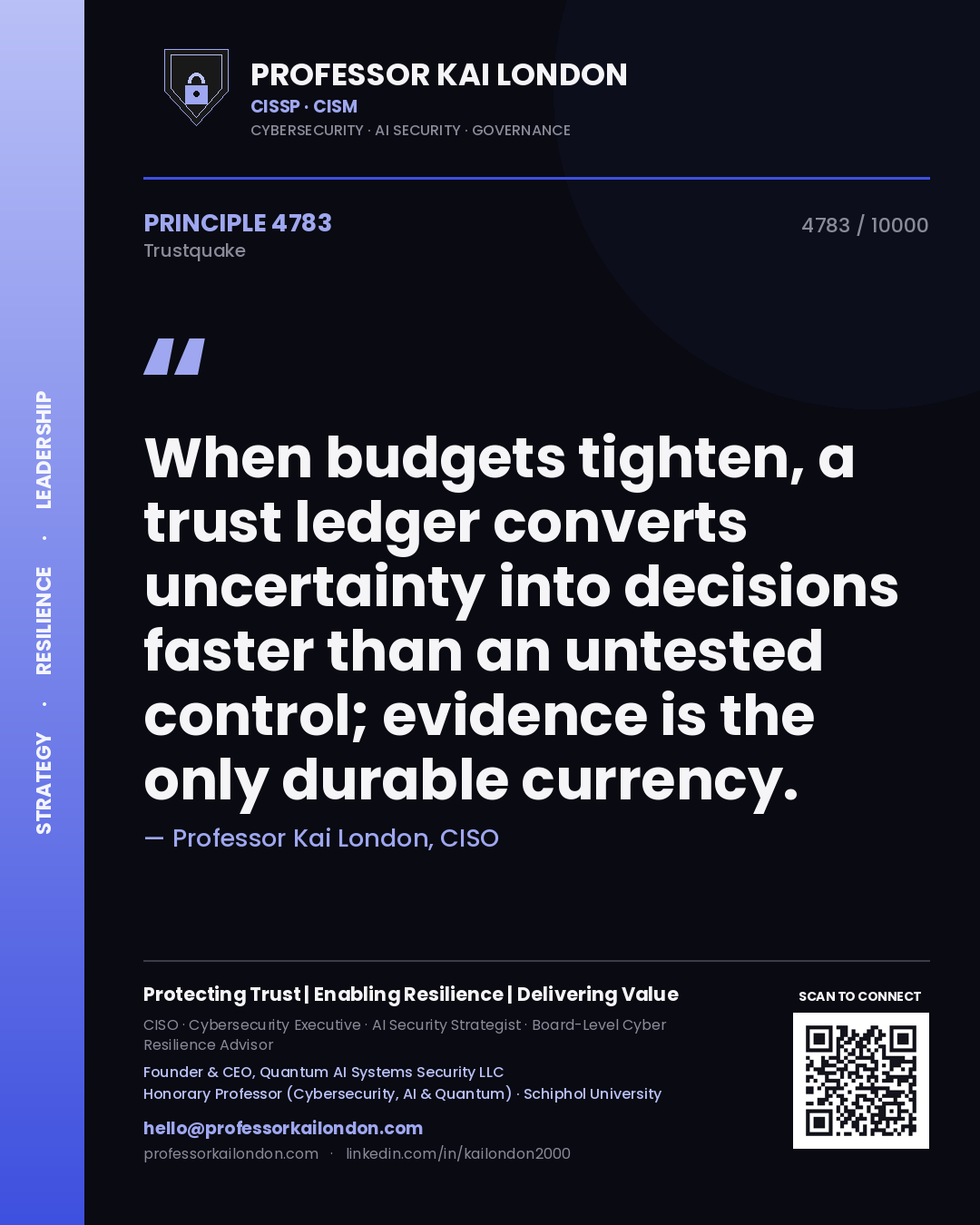 Quote card by Professor Kai London reading 'When budgets tighten, a trust ledger converts uncertainty into decisions faster than an untested control; evidence is the only durable currency.'. From the book Trustquake.