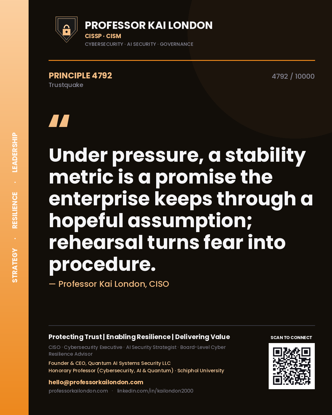 Quote card by Professor Kai London reading 'Under pressure, a stability metric is a promise the enterprise keeps through a hopeful assumption; rehearsal turns fear into procedure.'. From the book Trustquake.