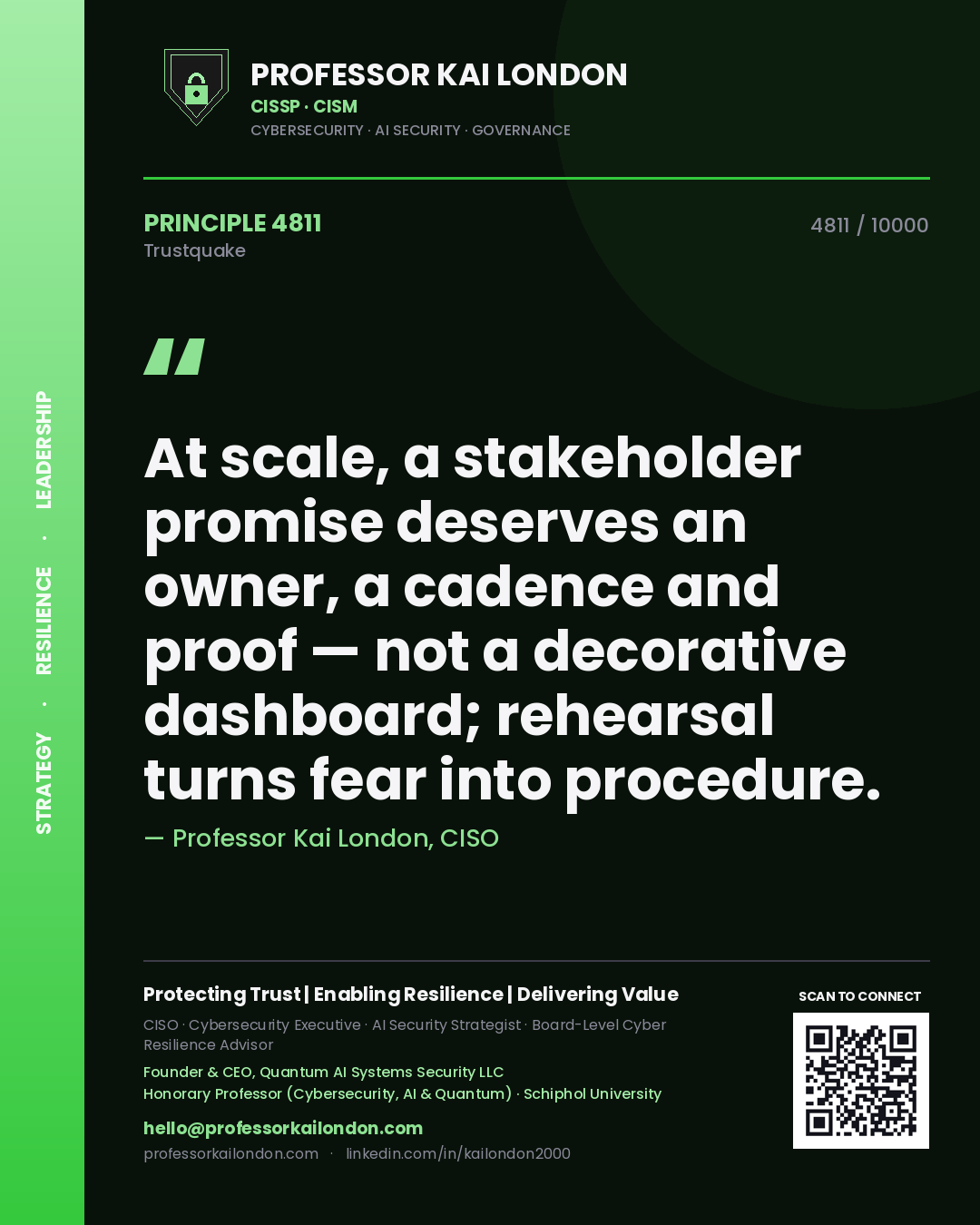Professor Kai London principle 4811: At scale, a stakeholder promise deserves an owner, a cadence and proof — not a decorative dashboard; rehearsal turns fear into procedure.