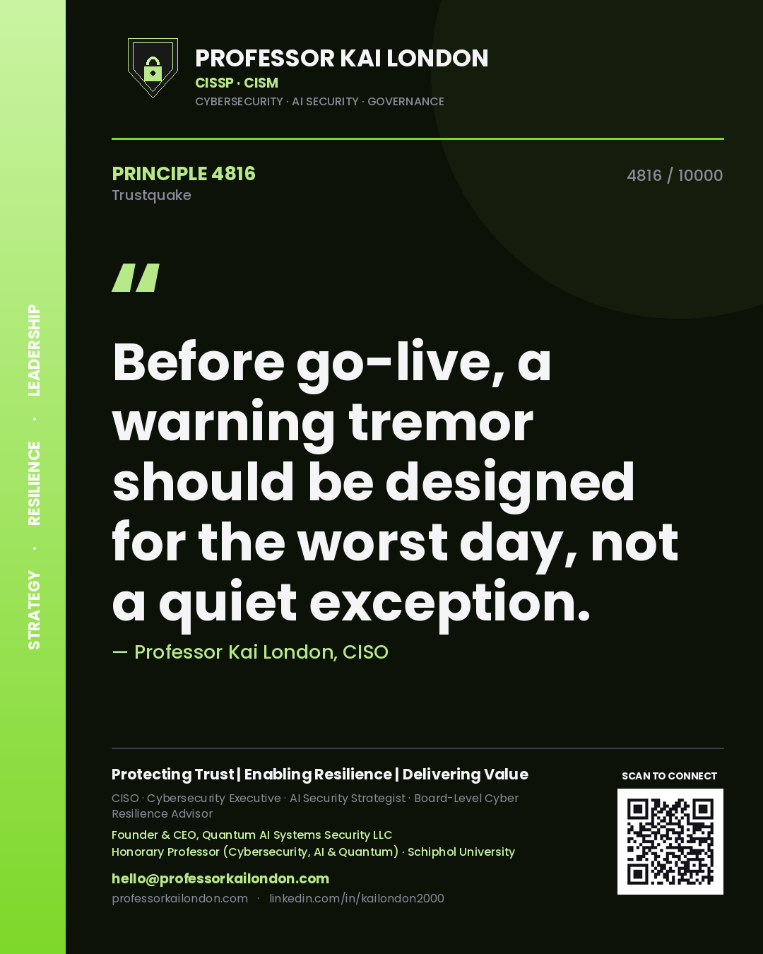 Professor Kai London principle 4816: Before go-live, a warning tremor should be designed for the worst day, not a quiet exception.