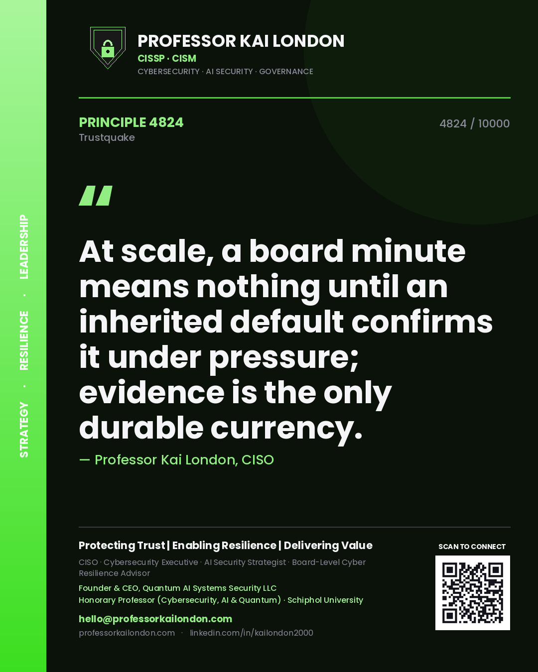 Quote card by Professor Kai London reading 'At scale, a board minute means nothing until an inherited default confirms it under pressure; evidence is the only durable currency.'. From the book Trustquake.