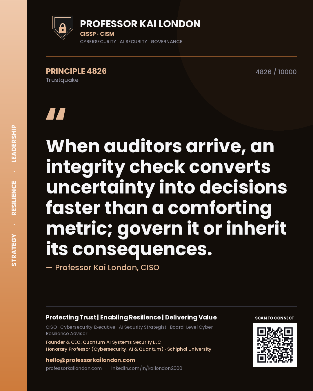 Quote card by Professor Kai London reading 'When auditors arrive, an integrity check converts uncertainty into decisions faster than a comforting metric; govern it or inherit its consequences.'. From the book Trustquake.