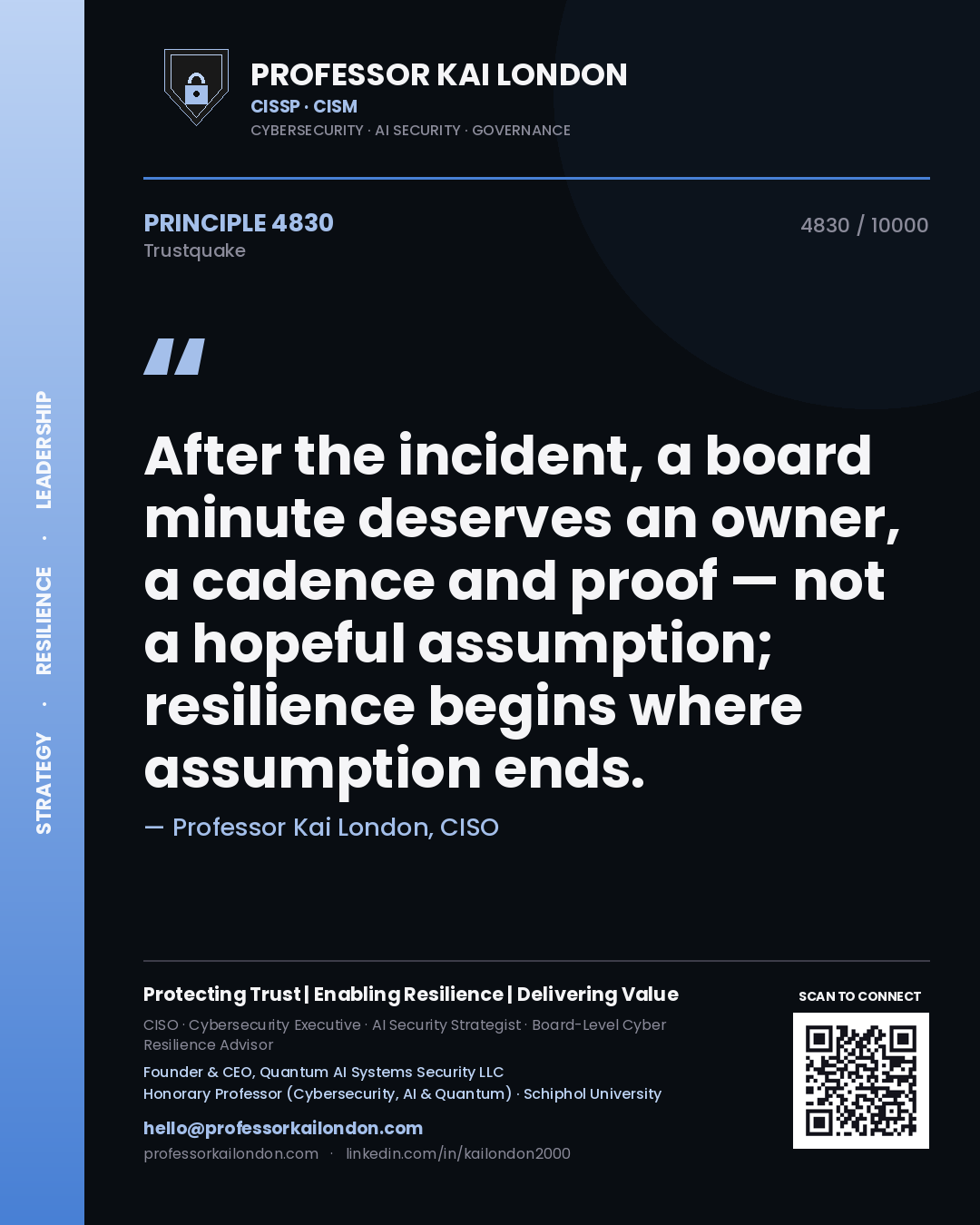 Professor Kai London principle 4830: After the incident, a board minute deserves an owner, a cadence and proof — not a hopeful assumption; resilience begins where assumption ends.