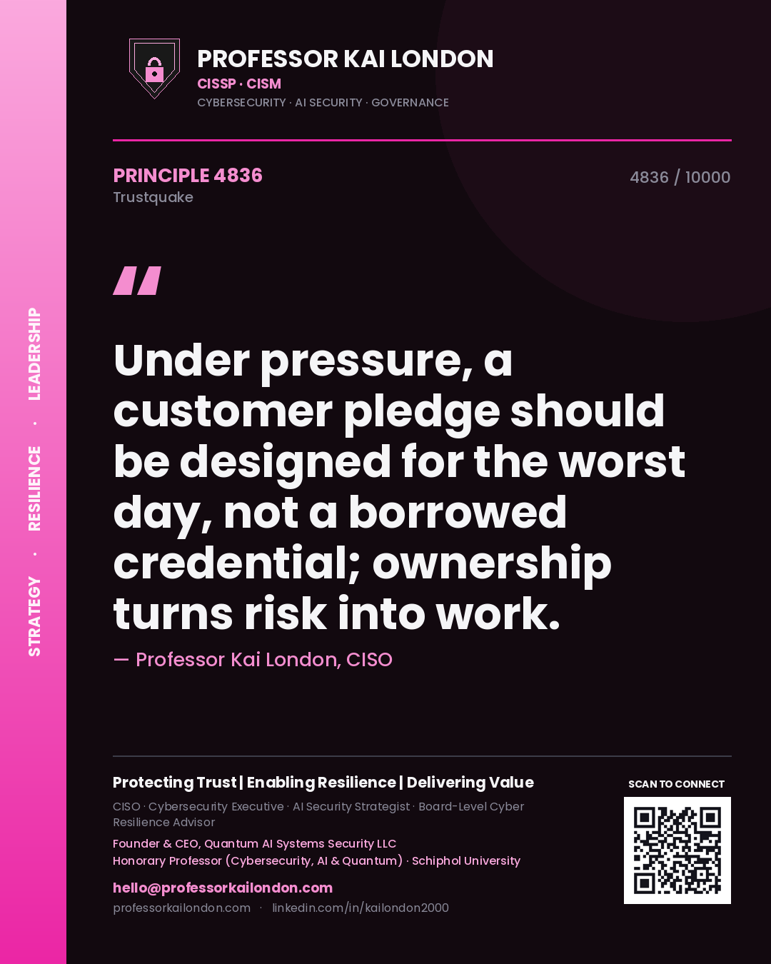 Professor Kai London principle 4836: Under pressure, a customer pledge should be designed for the worst day, not a borrowed credential; ownership turns risk into work.