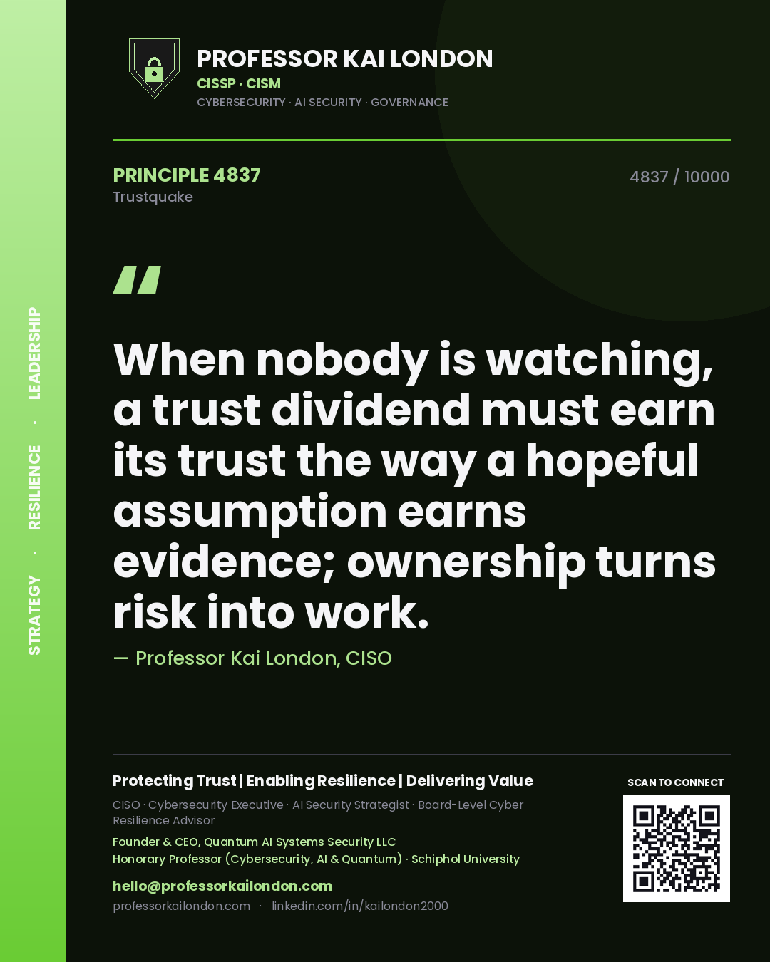 Quote card by Professor Kai London reading 'When nobody is watching, a trust dividend must earn its trust the way a hopeful assumption earns evidence; ownership turns risk into work.'. From the book Trustquake.