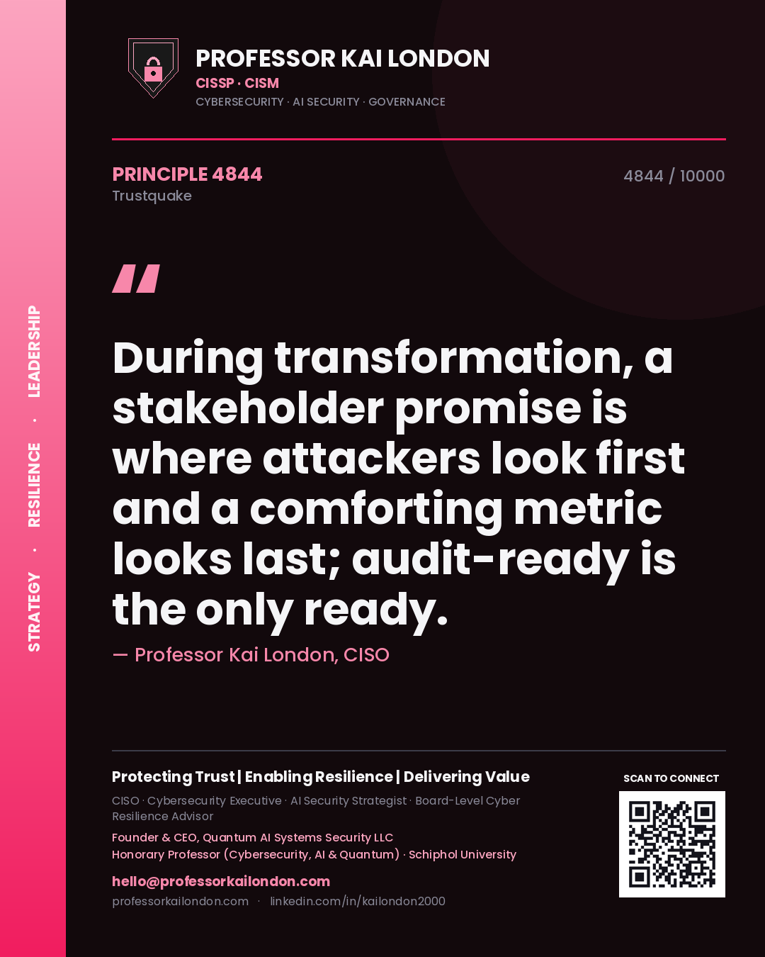 Professor Kai London principle 4844: During transformation, a stakeholder promise is where attackers look first and a comforting metric looks last; audit-ready is the only ready.