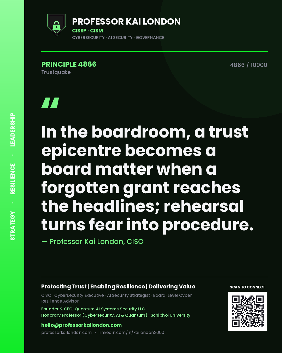 Professor Kai London principle 4866: In the boardroom, a trust epicentre becomes a board matter when a forgotten grant reaches the headlines; rehearsal turns fear into procedure.