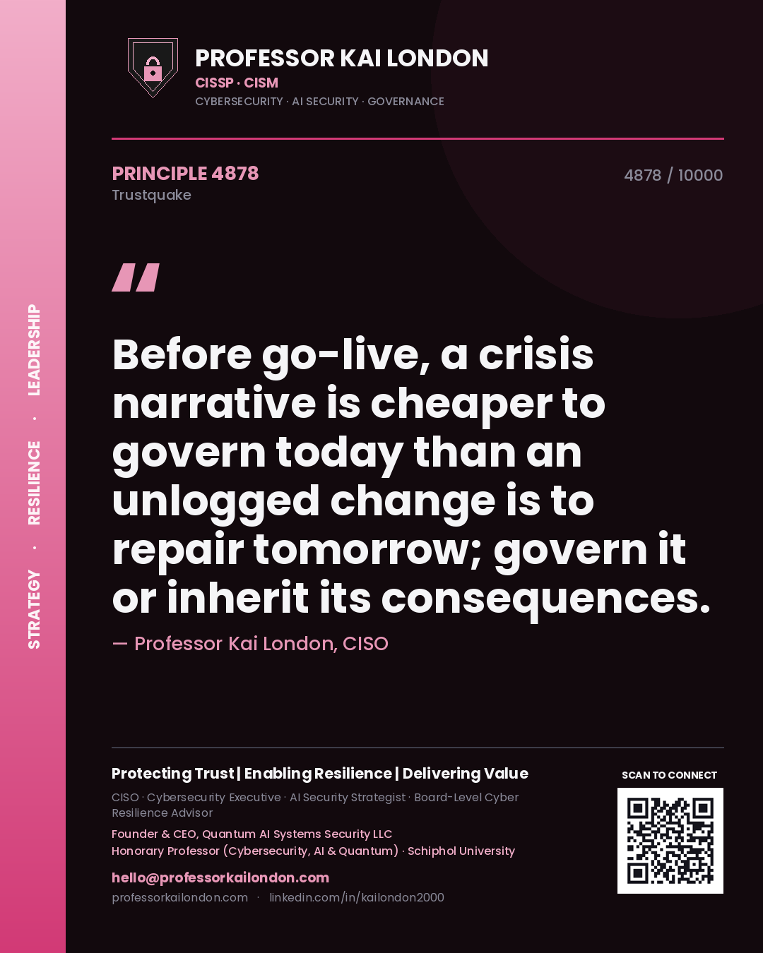Quote card by Professor Kai London reading 'Before go-live, a crisis narrative is cheaper to govern today than an unlogged change is to repair tomorrow; govern it or inherit its consequences.'. From the book Trustquake.