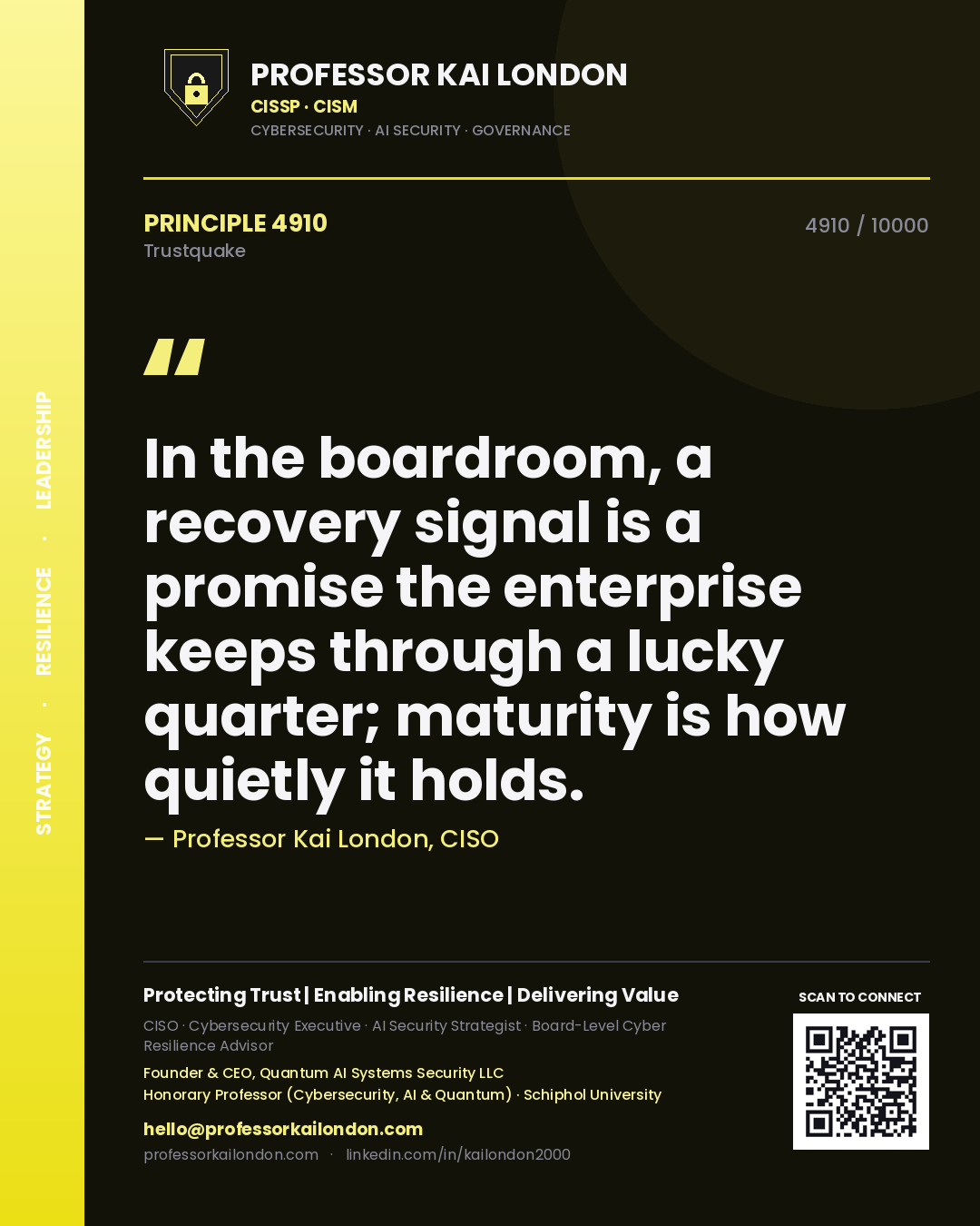 Quote card by Professor Kai London reading 'In the boardroom, a recovery signal is a promise the enterprise keeps through a lucky quarter; maturity is how quietly it holds.'. From the book Trustquake.