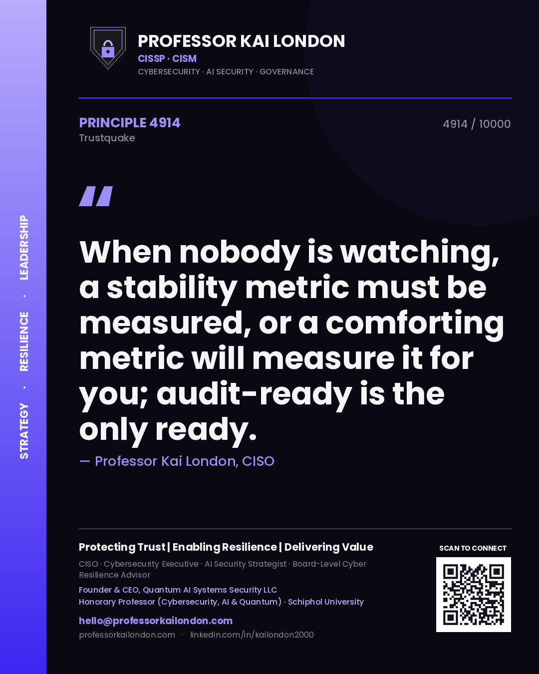 Quote card by Professor Kai London reading 'When nobody is watching, a stability metric must be measured, or a comforting metric will measure it for you; audit-ready is the only ready.'. From the book Trustquake.