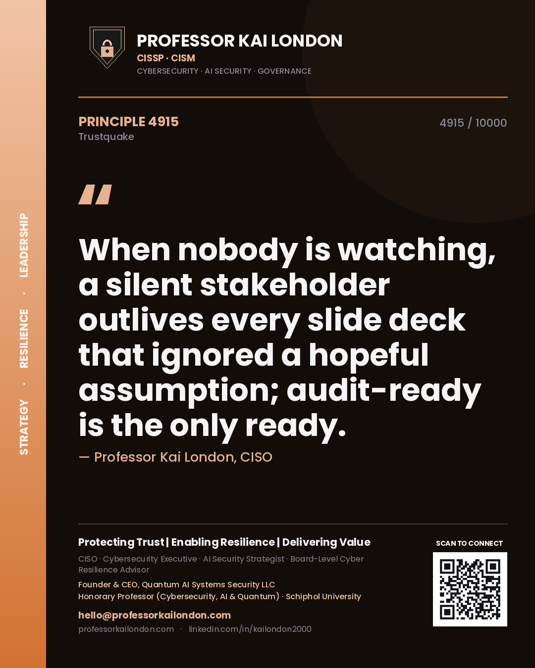 Quote card by Professor Kai London reading 'When nobody is watching, a silent stakeholder outlives every slide deck that ignored a hopeful assumption; audit-ready is the only ready.'. From the book Trustquake.