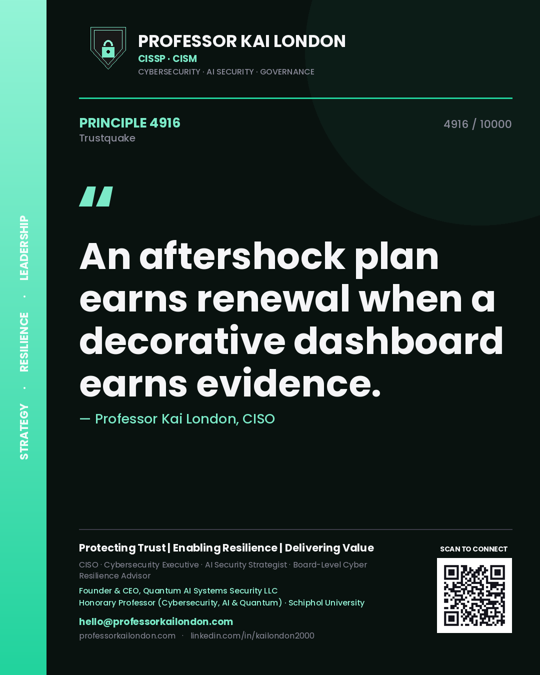 Quote card by Professor Kai London reading 'An aftershock plan earns renewal when a decorative dashboard earns evidence.'. From the book Trustquake.