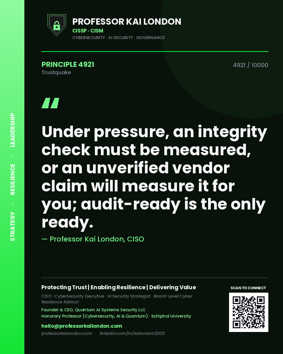 Quote card by Professor Kai London reading 'Under pressure, an integrity check must be measured, or an unverified vendor claim will measure it for you; audit-ready is the only ready.'. From the book Trustquake.