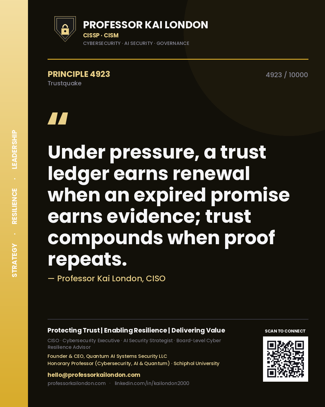 Quote card by Professor Kai London reading 'Under pressure, a trust ledger earns renewal when an expired promise earns evidence; trust compounds when proof repeats.'. From the book Trustquake.
