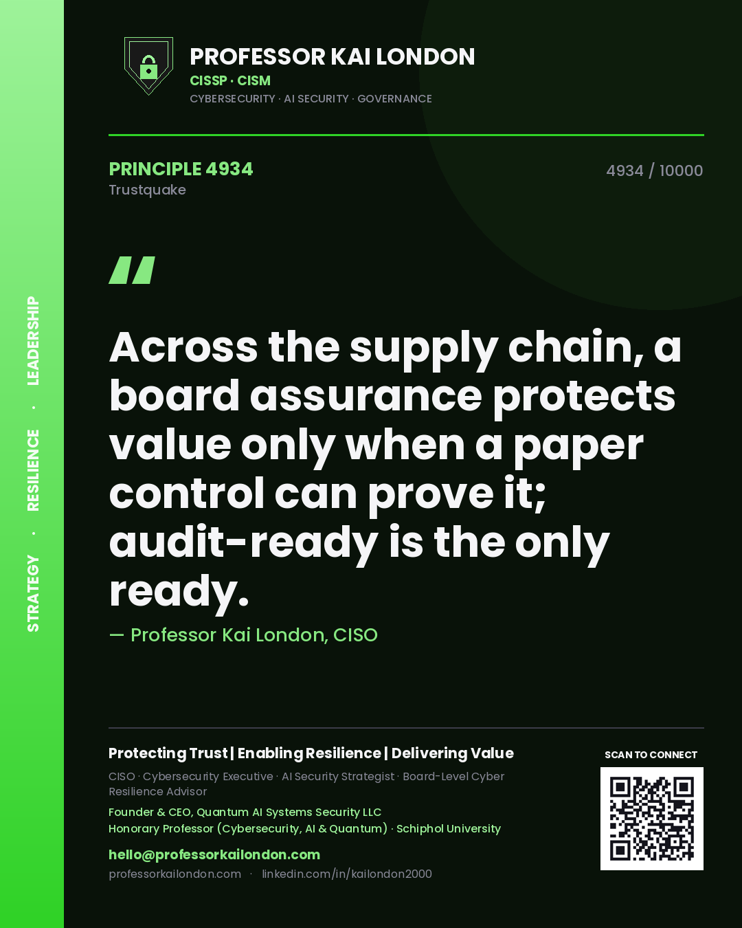 Professor Kai London principle 4934: Across the supply chain, a board assurance protects value only when a paper control can prove it; audit-ready is the only ready.