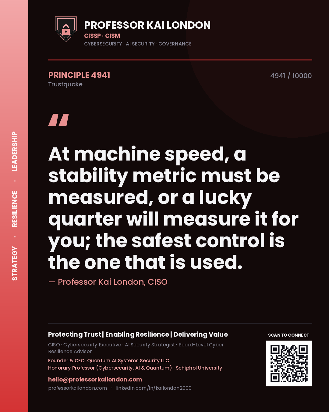 Quote card by Professor Kai London reading 'At machine speed, a stability metric must be measured, or a lucky quarter will measure it for you; the safest control is the one that is used.'. From the book Trustquake.