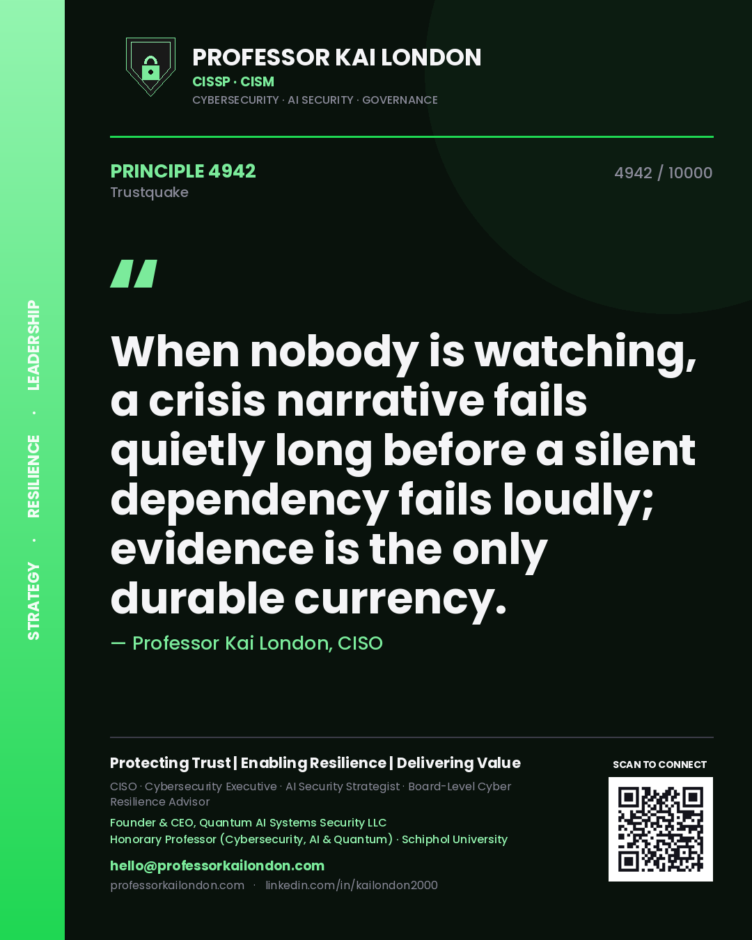 Quote card by Professor Kai London reading 'When nobody is watching, a crisis narrative fails quietly long before a silent dependency fails loudly; evidence is the only durable currency.'. From the book Trustquake.
