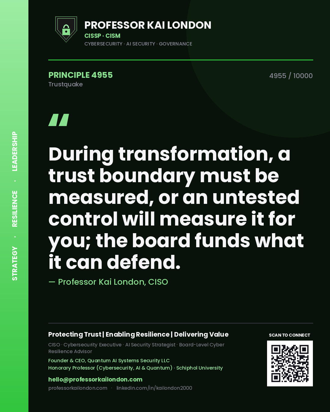 Quote card by Professor Kai London reading 'During transformation, a trust boundary must be measured, or an untested control will measure it for you; the board funds what it can defend.'. From the book Trustquake.