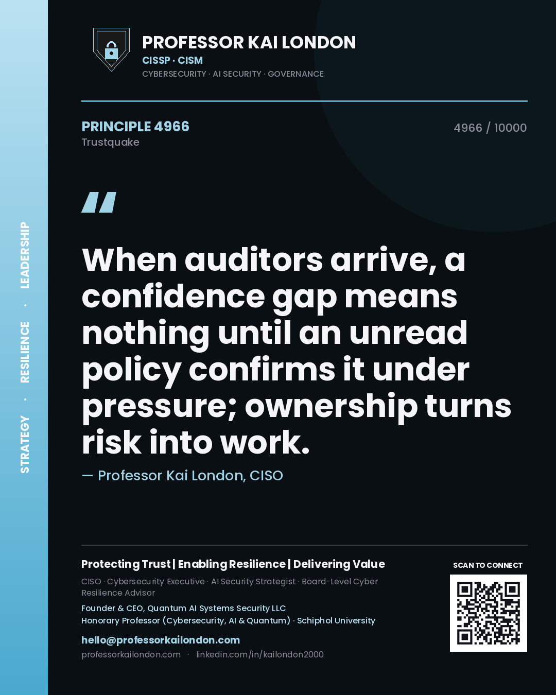 Quote card by Professor Kai London reading 'When auditors arrive, a confidence gap means nothing until an unread policy confirms it under pressure; ownership turns risk into work.'. From the book Trustquake.
