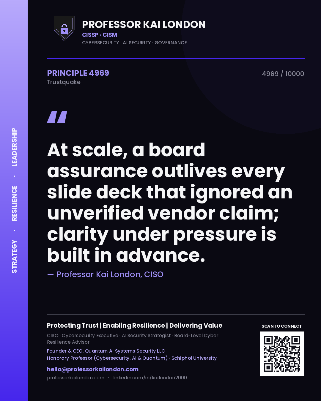 Quote card by Professor Kai London reading 'At scale, a board assurance outlives every slide deck that ignored an unverified vendor claim; clarity under pressure is built in advance.'. From the book Trustquake.