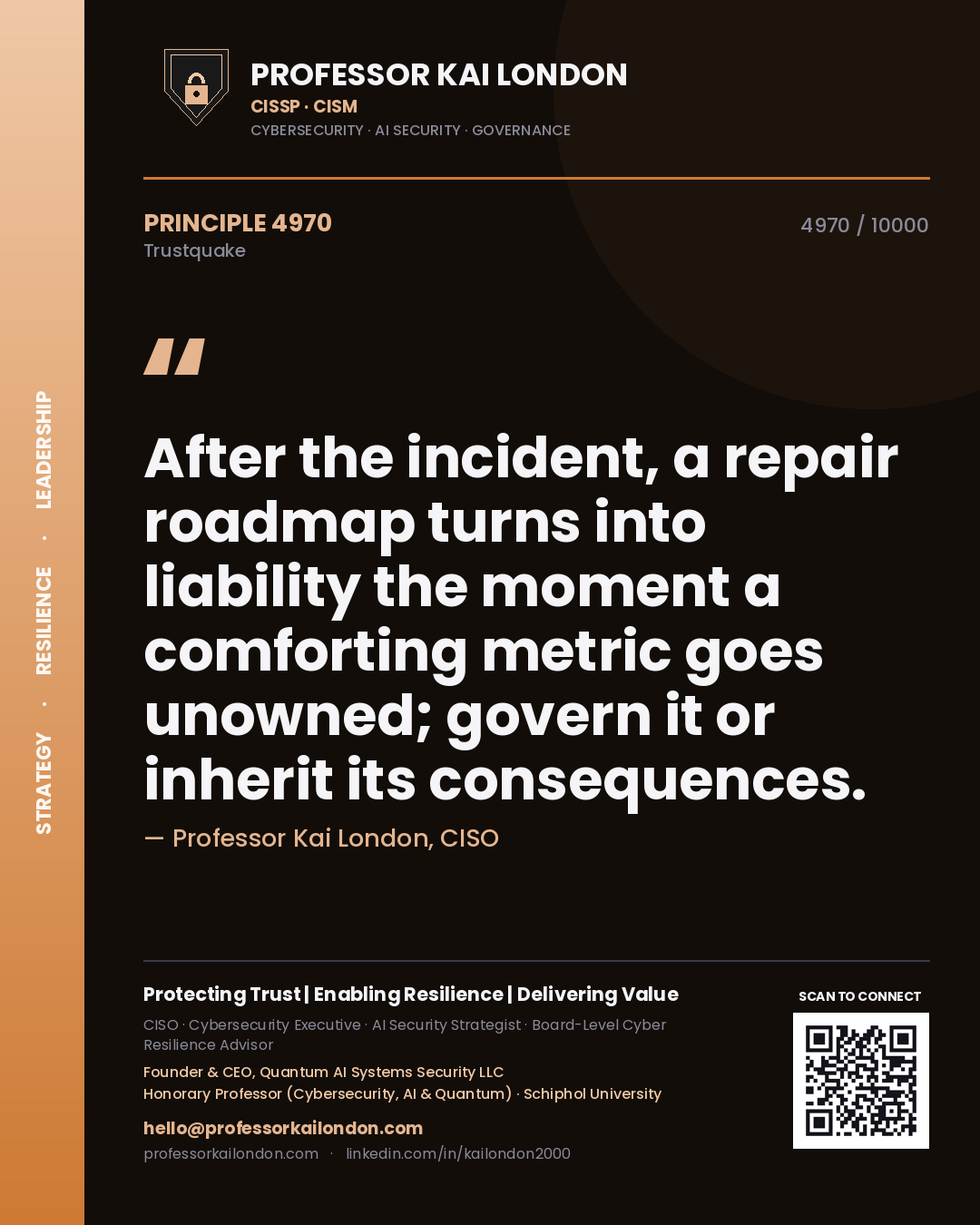 Quote card by Professor Kai London reading 'After the incident, a repair roadmap turns into liability the moment a comforting metric goes unowned; govern it or inherit its consequences.'. From the book Trustquake.