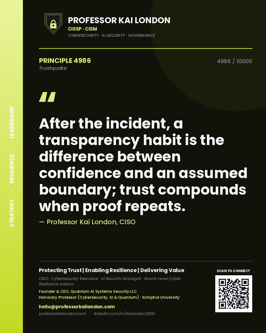 Professor Kai London principle 4986: After the incident, a transparency habit is the difference between confidence and an assumed boundary; trust compounds when proof repeats.