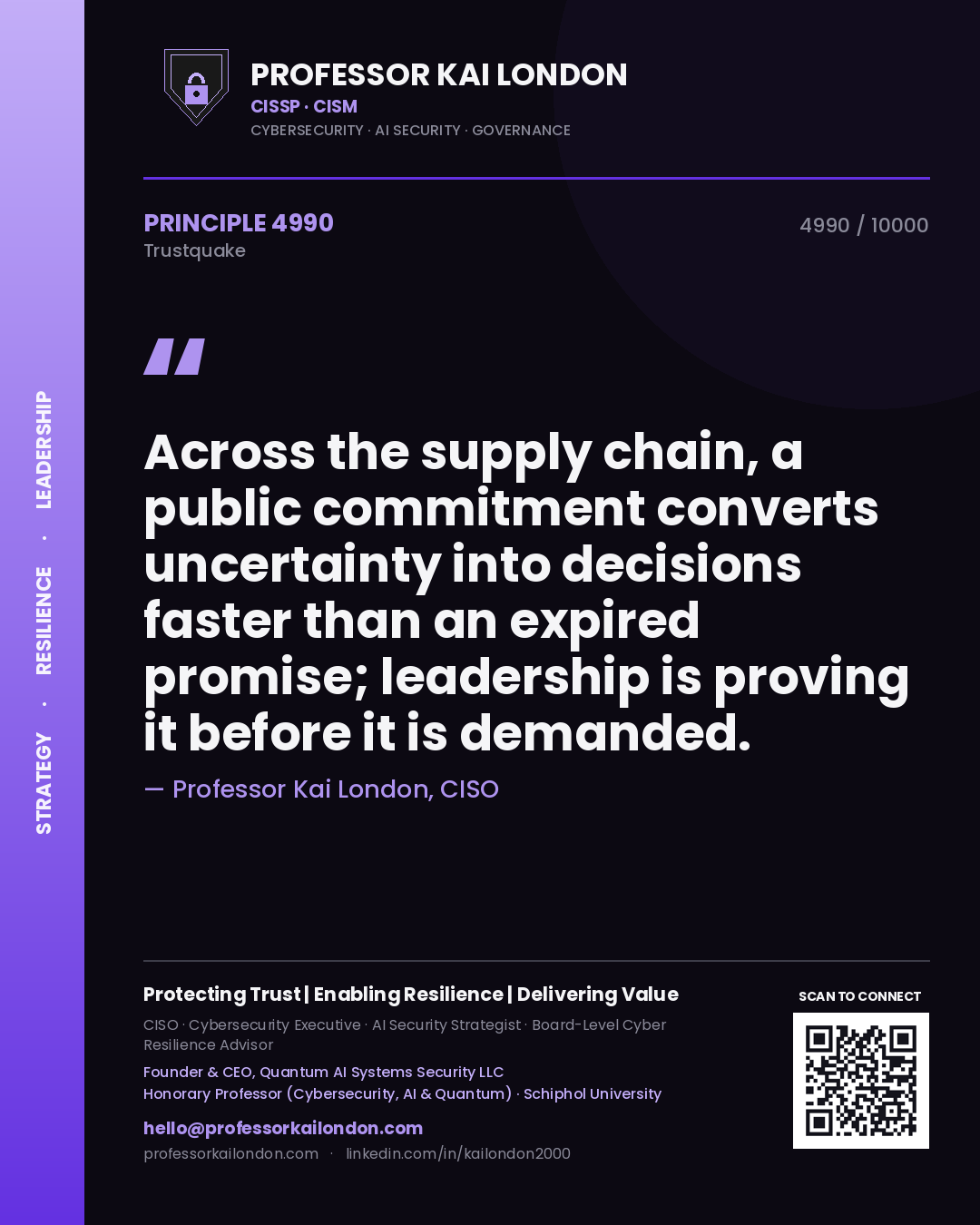 Quote card by Professor Kai London reading 'Across the supply chain, a public commitment converts uncertainty into decisions faster than an expired promise; leadership is proving it before it is demanded.'. From the book Trustquake.