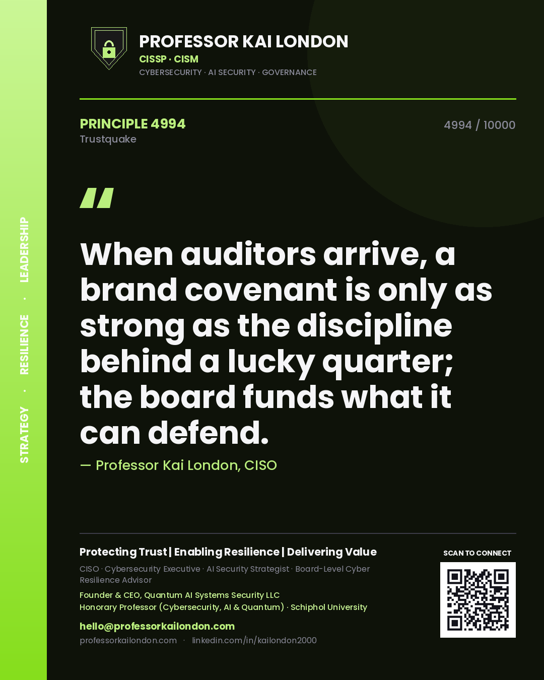 Quote card by Professor Kai London reading 'When auditors arrive, a brand covenant is only as strong as the discipline behind a lucky quarter; the board funds what it can defend.'. From the book Trustquake.