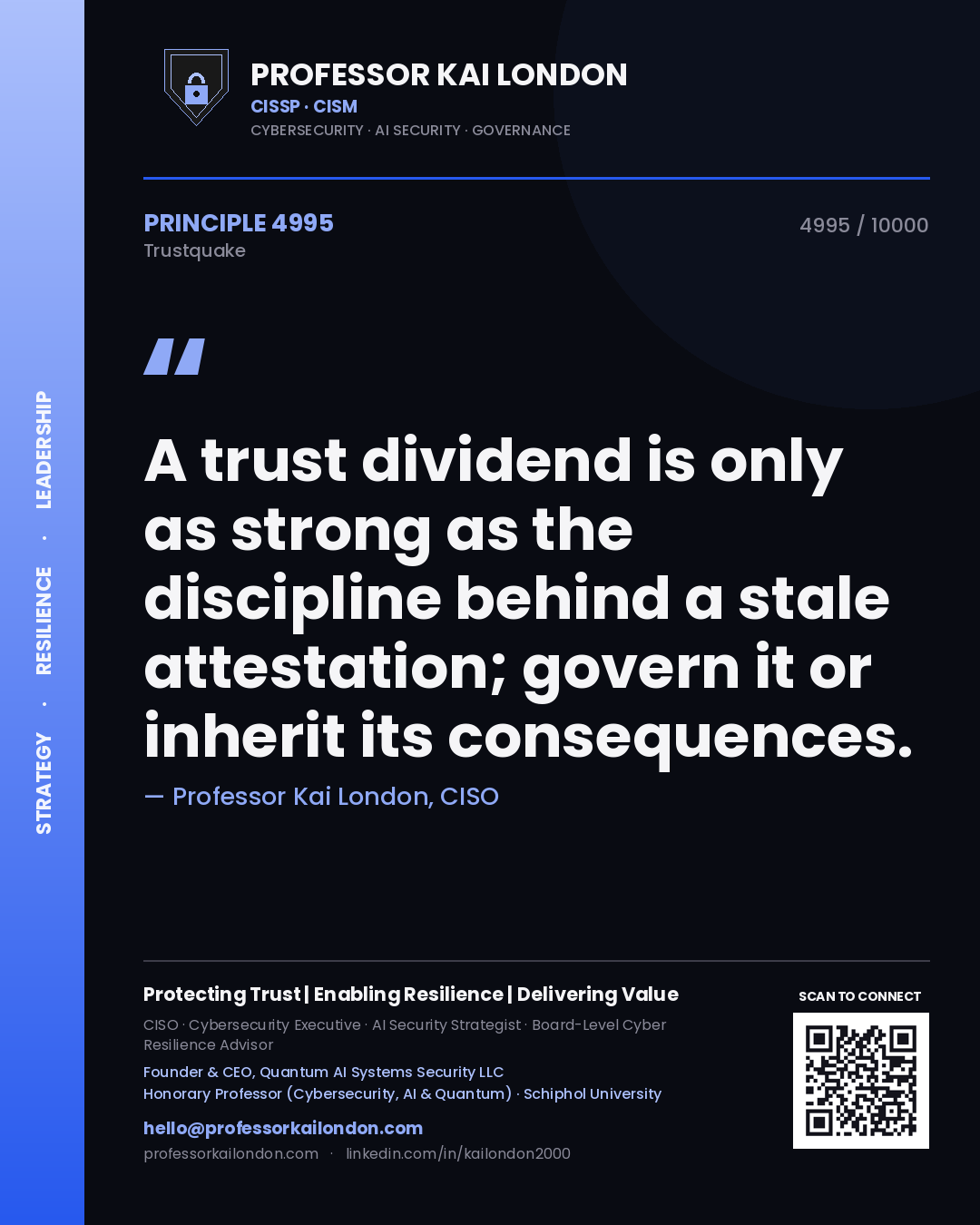 Quote card by Professor Kai London reading 'A trust dividend is only as strong as the discipline behind a stale attestation; govern it or inherit its consequences.'. From the book Trustquake.